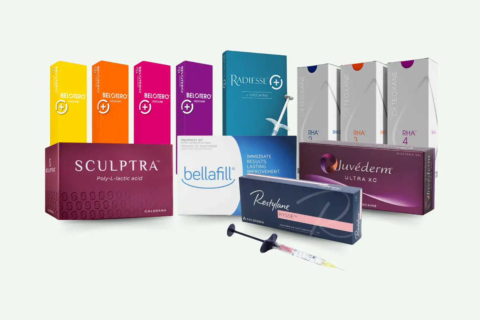 Assorted skincare and cosmetic product boxes with a syringe in front.