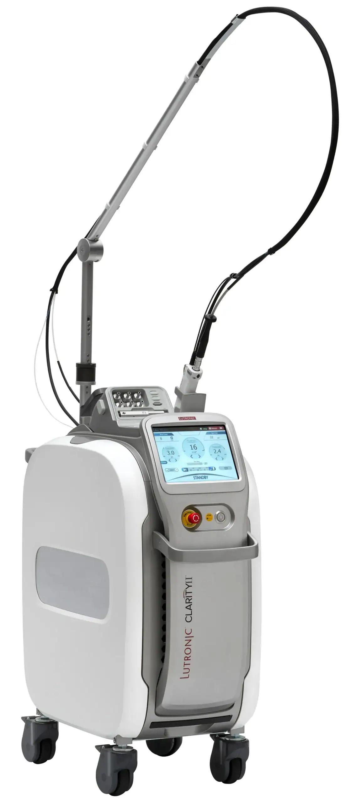 IPL laser hair removal device with a touchscreen control panel and flexible arm.