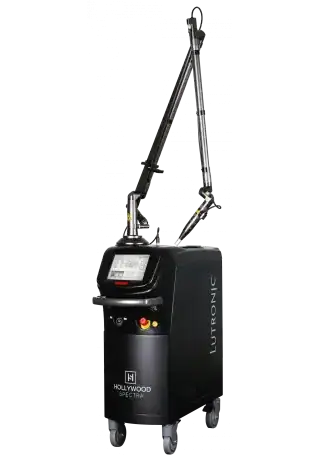 Laser hair removal device with a robotic arm and control panel.