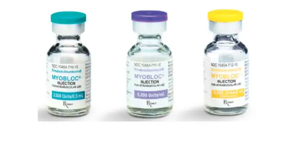 Vial of Myobloc neuromodulator with three different colored caps.