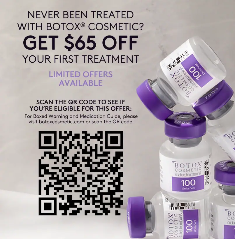 Discount offer for Botox cosmetic treatment with a QR code for eligibility check.