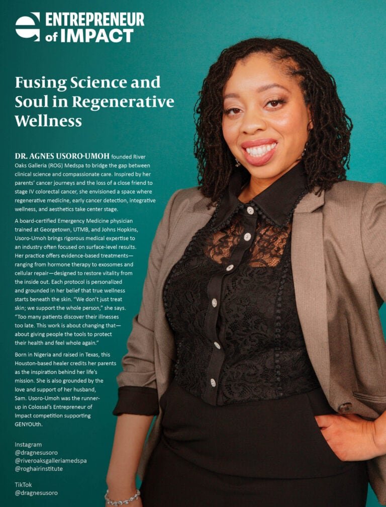 Woman smiling in front of a green background with "Entrepreneur of Impact" text.