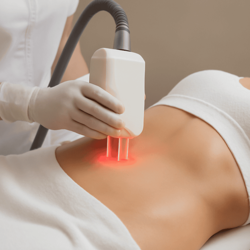 Body contouring treatment using a laser device on a patient's abdomen.