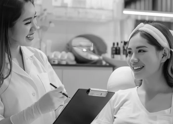 A woman smiling at a woman in a salon or spa setting.